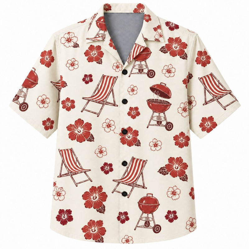 Labor Day Hawaiian Shirt- Hibiscus Grill and Deck Chair Print for Summer