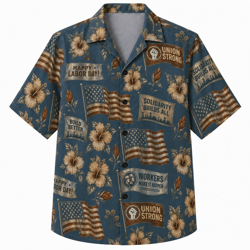 Labor Day Hawaiian Shirt - Holiday Patch & Hibiscus Print for Men