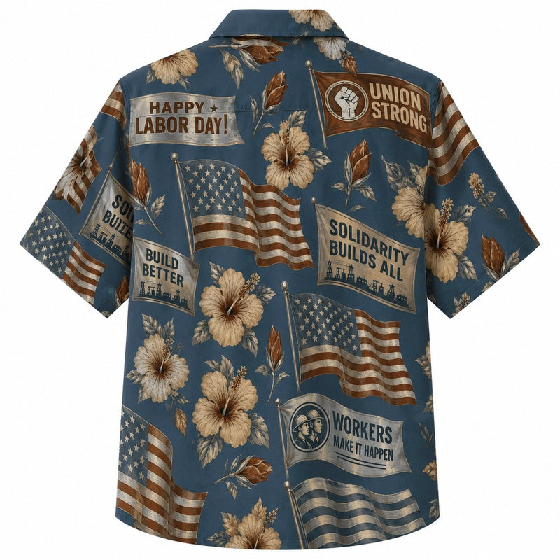 Labor Day Hawaiian Shirt - Holiday Patch & Hibiscus Print for Men