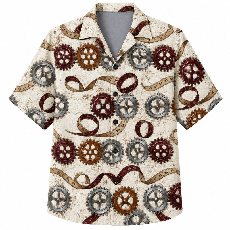 Labor Day Hawaiian Shirt - Iron Gear & Ribbon Twist Print for Men