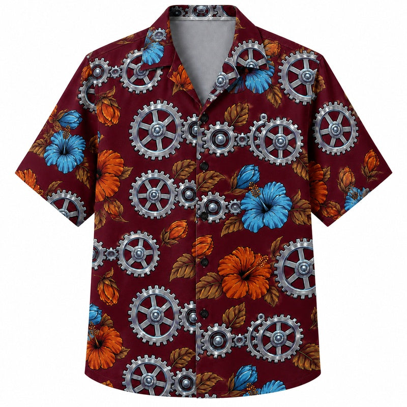 Labor Day Hawaiian Shirt - Iron Gear & Sunflower Bloom Print for Men