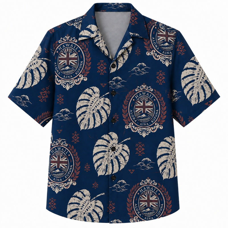 Labor Day Hawaiian Shirt - Island Crest & Monstera Leaf Print for Men