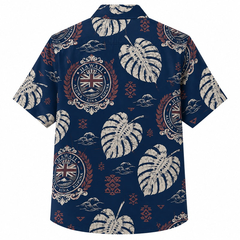 Labor Day Hawaiian Shirt - Island Crest & Monstera Leaf Print for Men