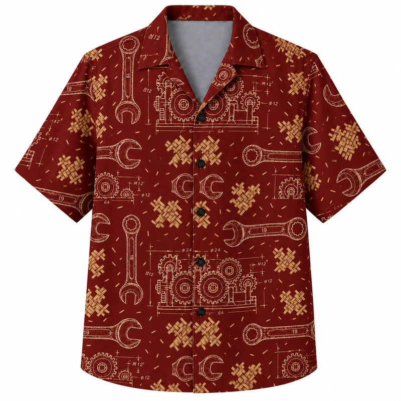 Labor Day Hawaiian Shirt- Keys and Wrench Ornament Print for Summer