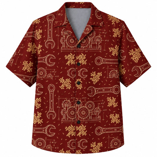 Labor Day Hawaiian Shirt- Keys and Wrench Ornament Print for Summer