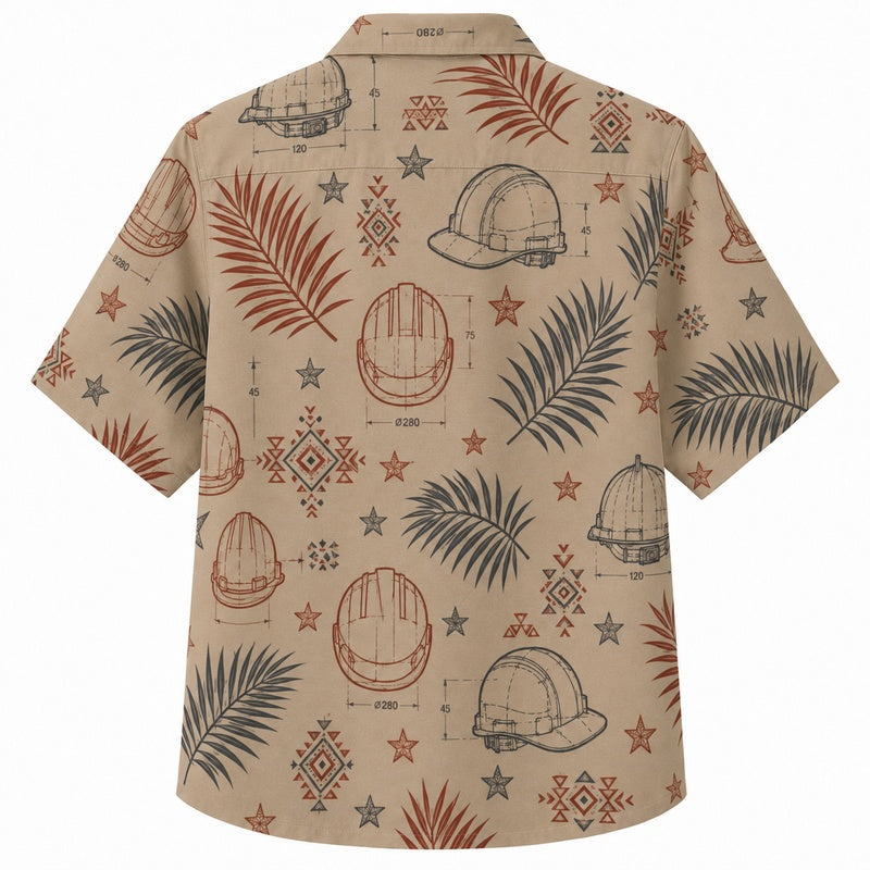 Labor Day Hawaiian Shirt- Khaki Hard Hat and Palm Print for Summer