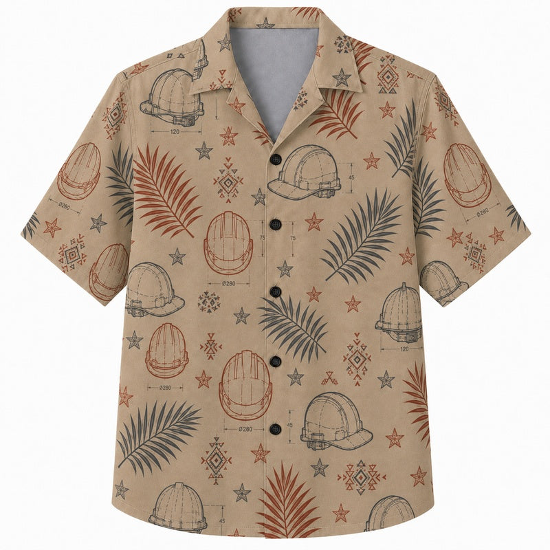 Labor Day Hawaiian Shirt- Khaki Hard Hat and Palm Print for Summer