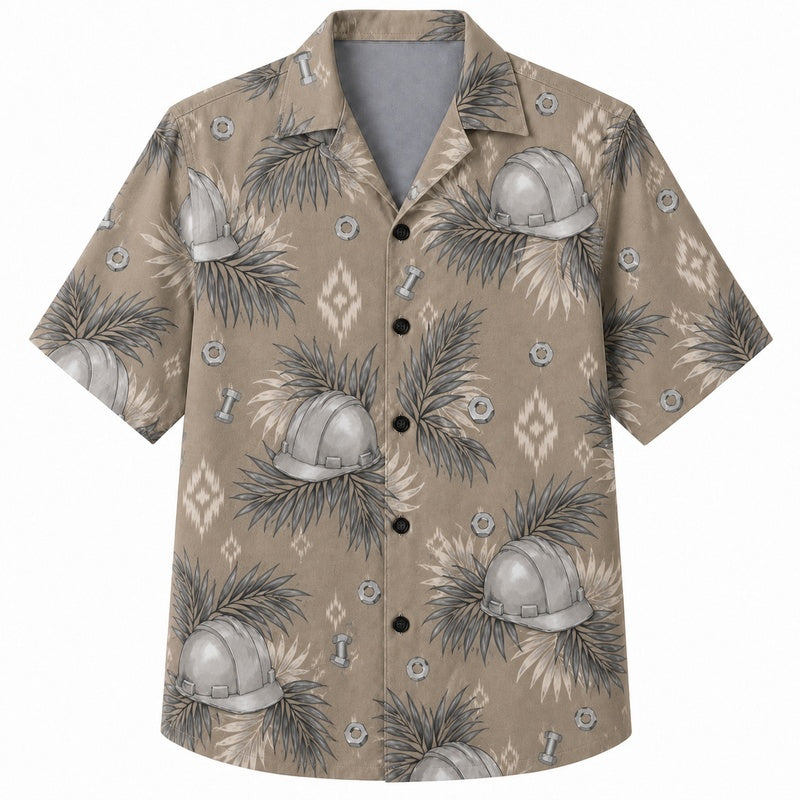 Labor Day Hawaiian Shirt - Khaki Hard Hat & Palm Frond Print for Men