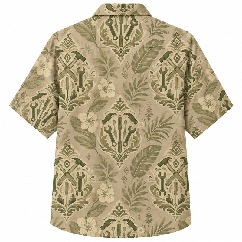 Labor Day Hawaiian Shirt- Khaki Tonal Damask Print for Summer