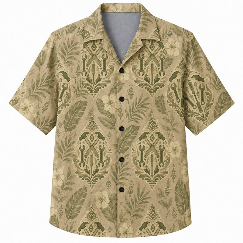Labor Day Hawaiian Shirt- Khaki Tonal Damask Print for Summer