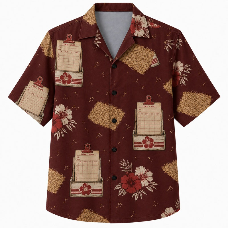Labor Day Hawaiian Shirt- Leather Patch and Red Flower Print