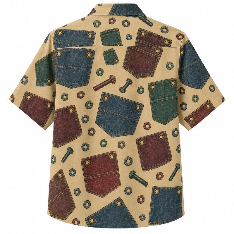 Labor Day Hawaiian Shirt- Leather Patch Panel Workwear Print