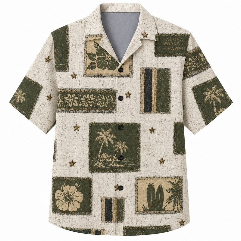 Labor Day Hawaiian Shirt- Linen Panel and Surfboard Print for Workers