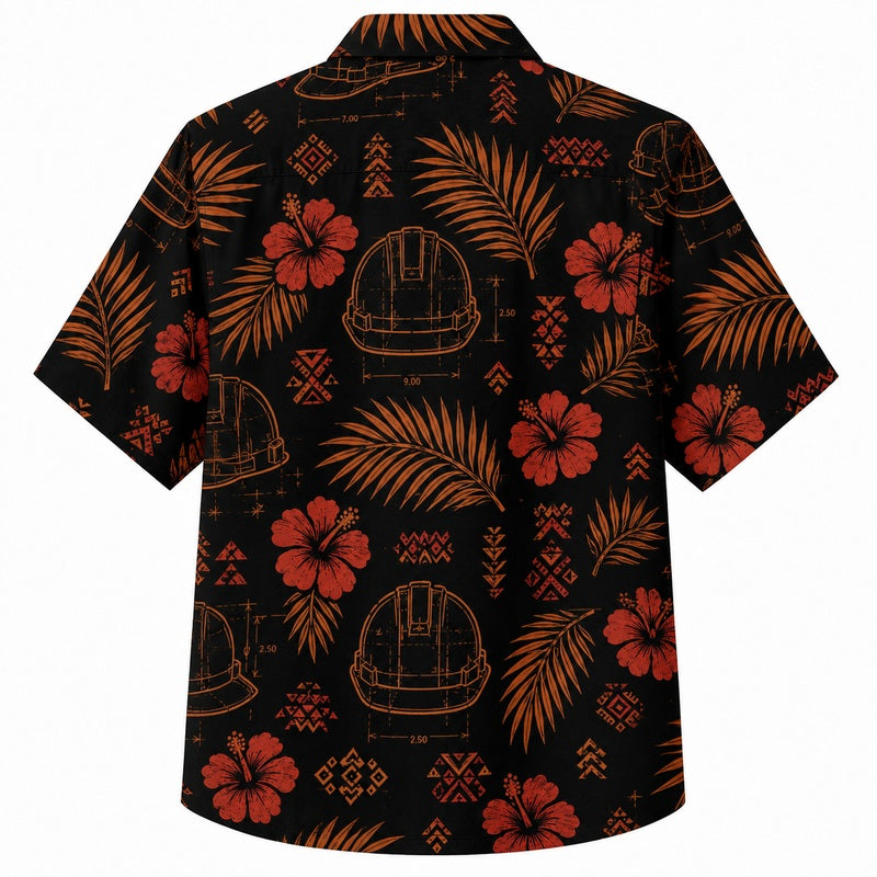 Labor Day Hawaiian Shirt- Midnight Hibiscus Hard Hat Print for Summer