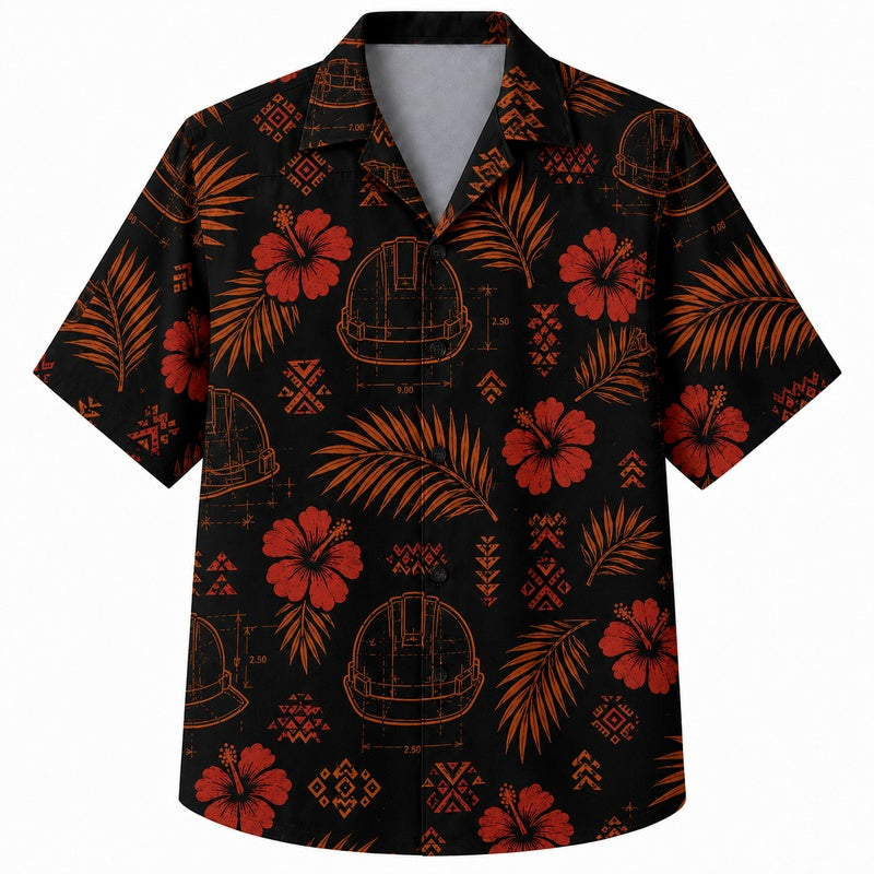 Labor Day Hawaiian Shirt- Midnight Hibiscus Hard Hat Print for Summer
