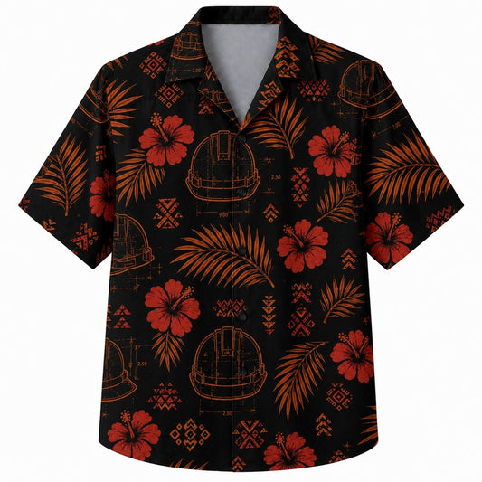Labor Day Hawaiian Shirt- Midnight Hibiscus Hard Hat Print for Summer