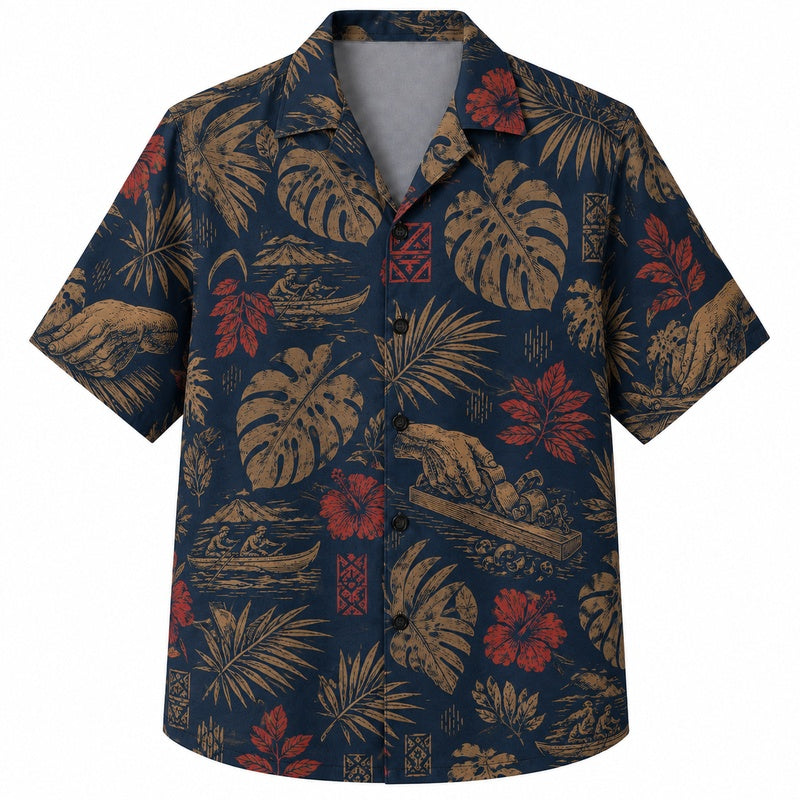 Labor Day Hawaiian Shirt- Moonlit Palm and Hibiscus Print for Summer
