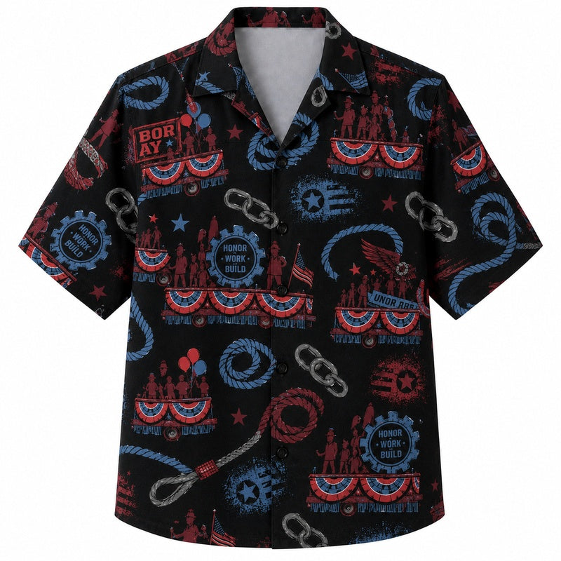 Labor Day Hawaiian Shirt- Neon Chain and Tool Motif Print for Summer