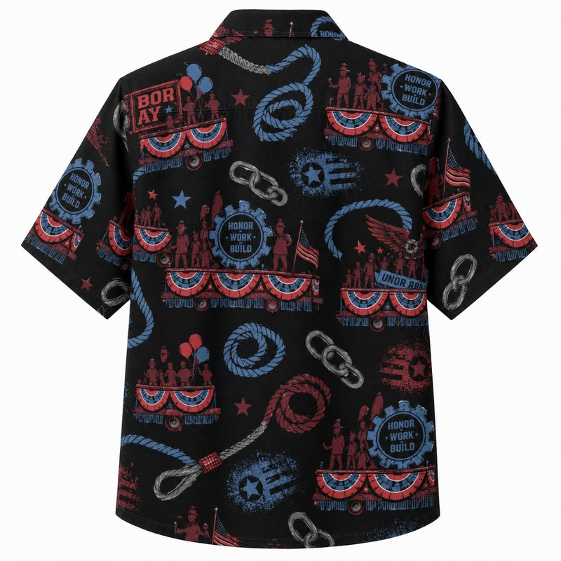Labor Day Hawaiian Shirt- Neon Chain and Tool Motif Print for Summer