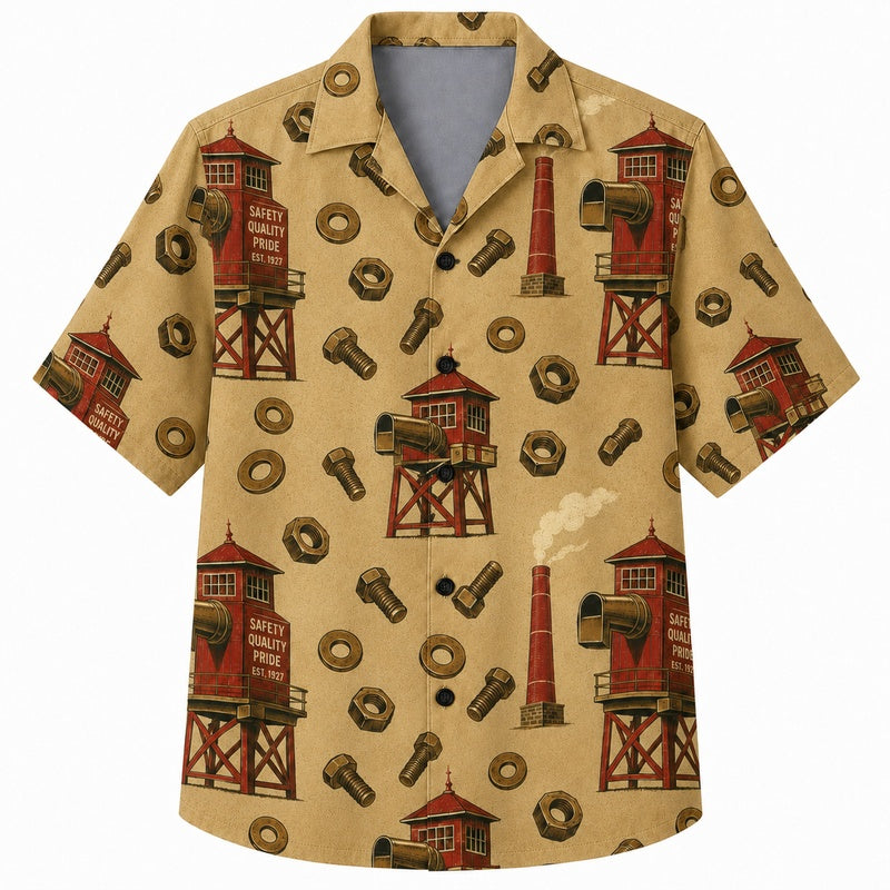 Labor Day Hawaiian Shirt- Oil Derrick Tower and Tools Print for Summer