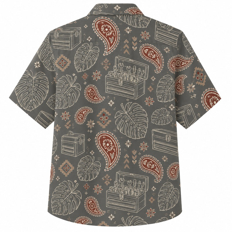 Labor Day Hawaiian Shirt- Olive Paisley Toolbox Print for the Weekend
