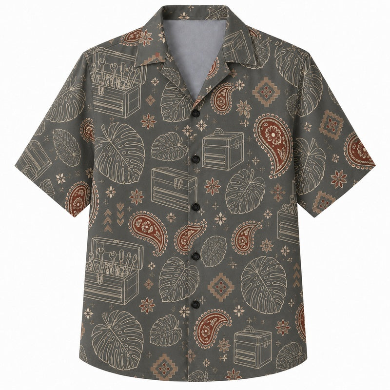 Labor Day Hawaiian Shirt- Olive Paisley Toolbox Print for the Weekend
