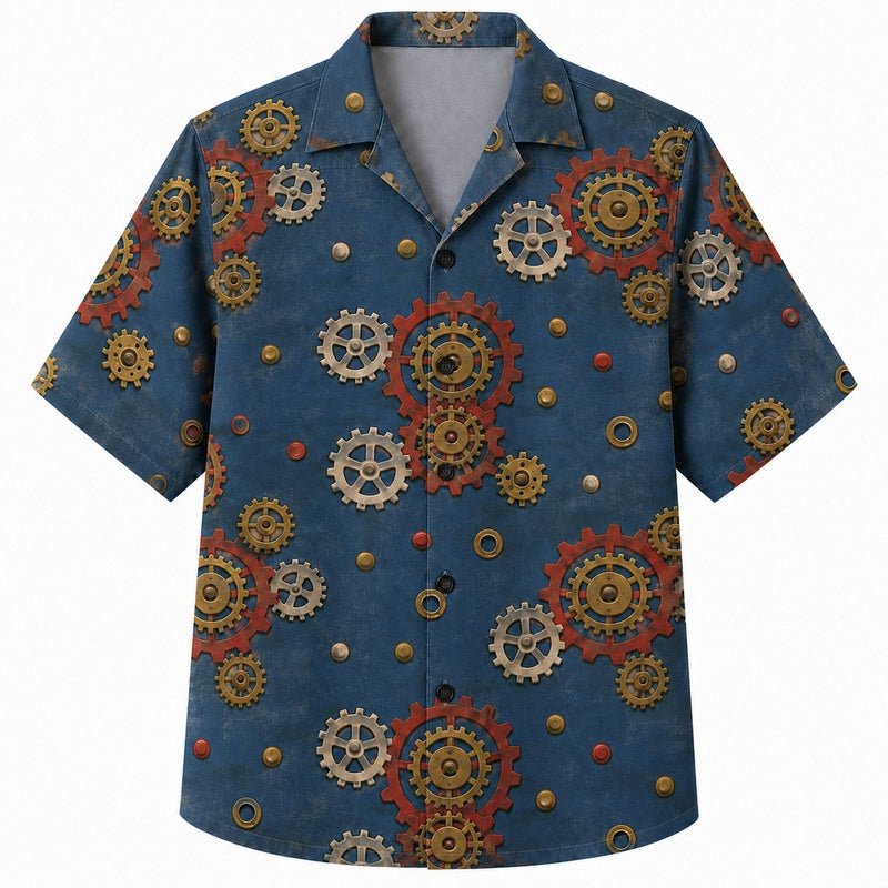 Labor Day Hawaiian Shirt- Ornamental Gear and Rosette Print for Summer