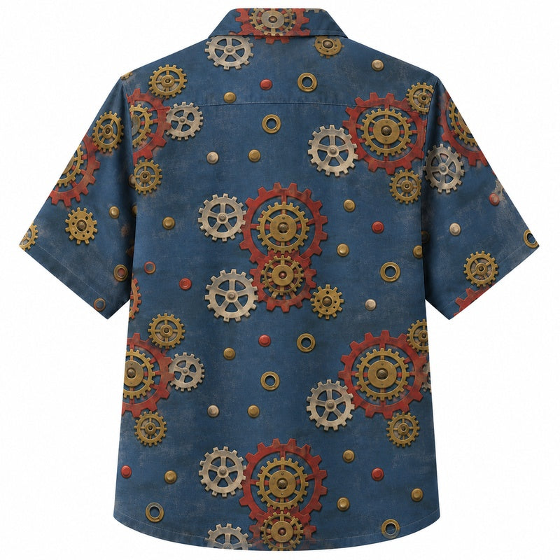 Labor Day Hawaiian Shirt- Ornamental Gear and Rosette Print for Summer