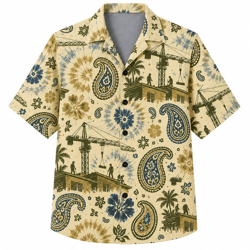 Labor Day Hawaiian Shirt- Paisley Crane and Refinery Print for the Holiday