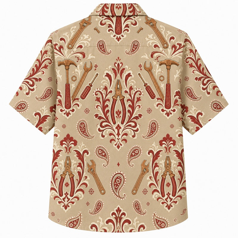 Labor Day Hawaiian Shirt- Paisley Damask Hammer Print for the Holiday