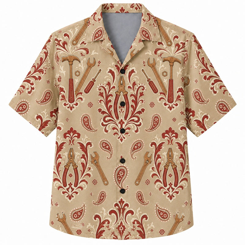 Labor Day Hawaiian Shirt- Paisley Damask Hammer Print for the Holiday