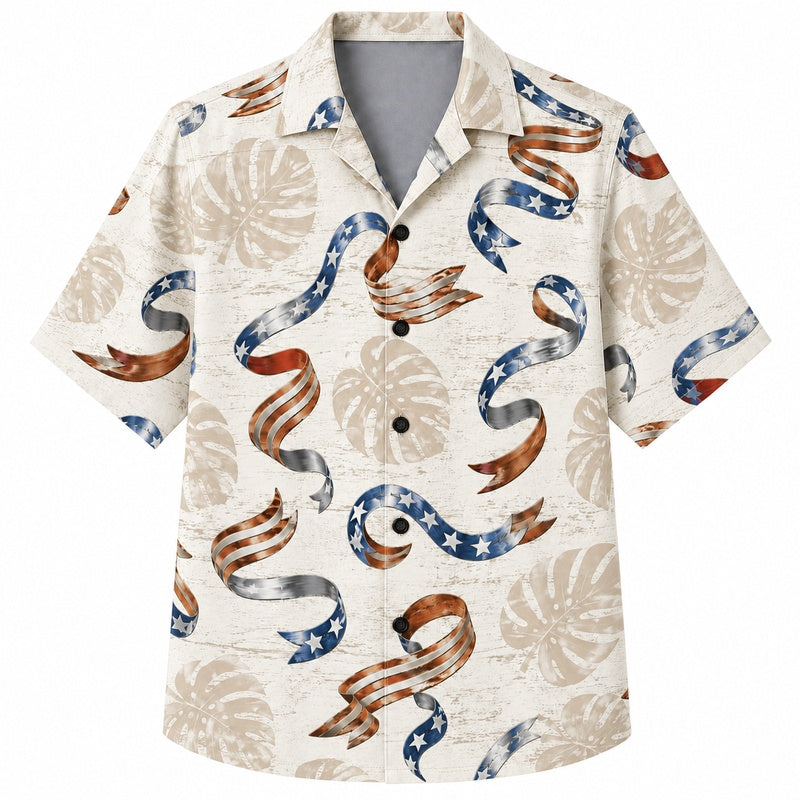 Labor Day Hawaiian Shirt - Patriotic Ribbon & Monstera Print for Men