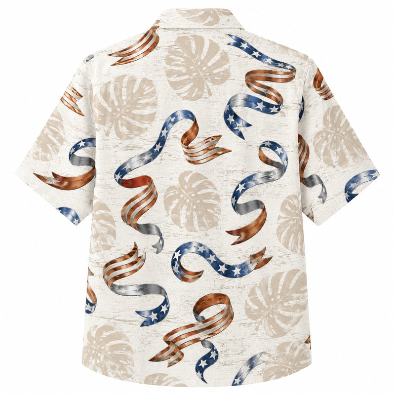 Labor Day Hawaiian Shirt - Patriotic Ribbon & Monstera Print for Men