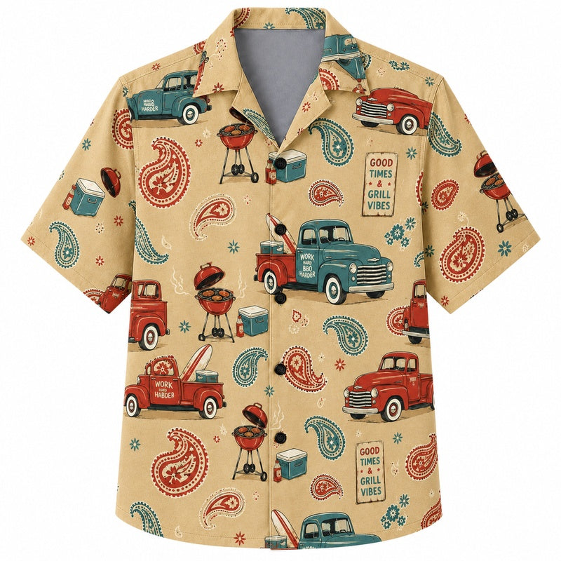 Labor Day Hawaiian Shirt- Pickup Truck and Grill Print for the Holiday