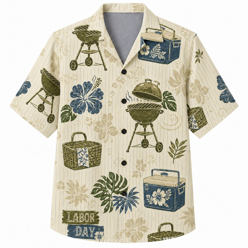 Labor Day Hawaiian Shirt- Picnic Cooler Stripe Print for Weekend Wear
