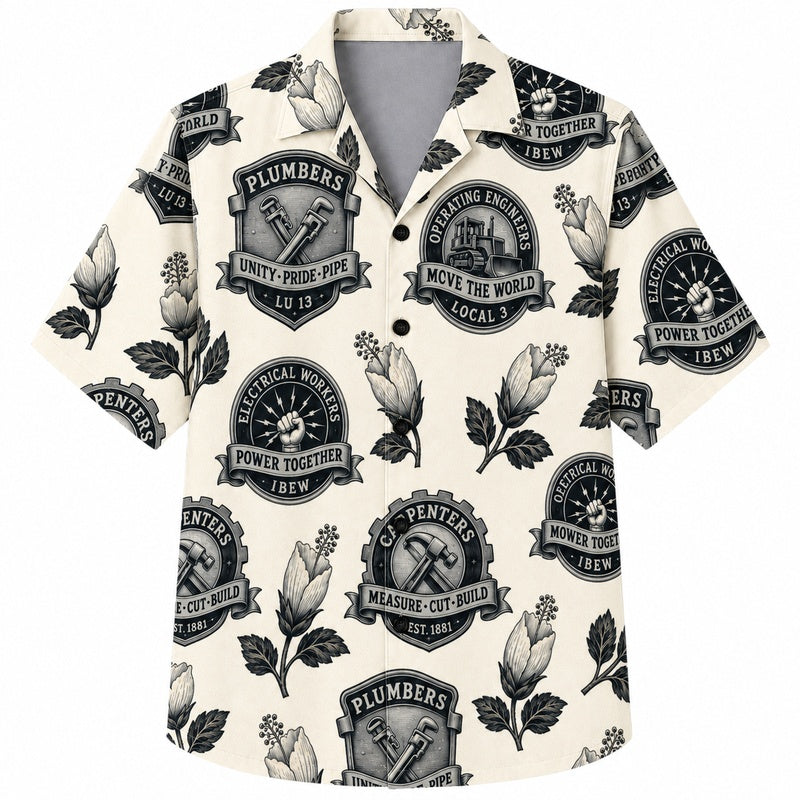 Labor Day Hawaiian Shirt - Plumber Badge & Leaf Emblem Print for Men