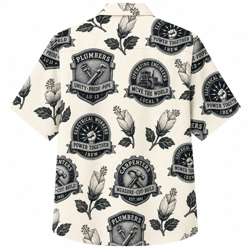 Labor Day Hawaiian Shirt - Plumber Badge & Leaf Emblem Print for Men