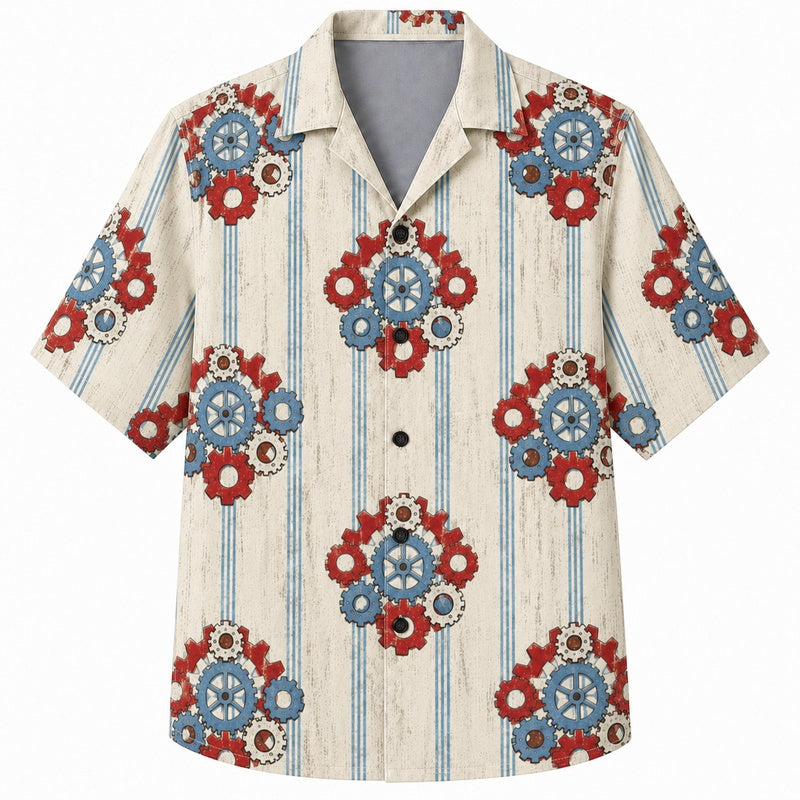Labor Day Hawaiian Shirt- Red and Blue Floral Rosette Print for Summer