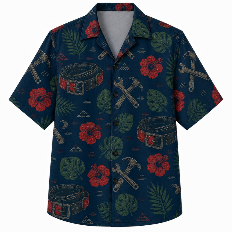 Labor Day Hawaiian Shirt- Red Hibiscus and Crossed Hammer for Summer