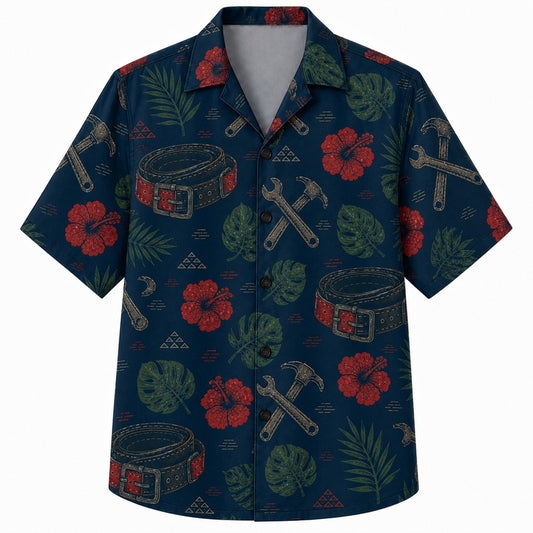 Labor Day Hawaiian Shirt- Red Hibiscus and Crossed Hammer for Summer