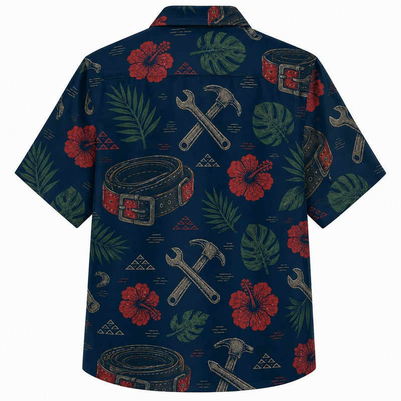 Labor Day Hawaiian Shirt- Red Hibiscus and Crossed Hammer for Summer