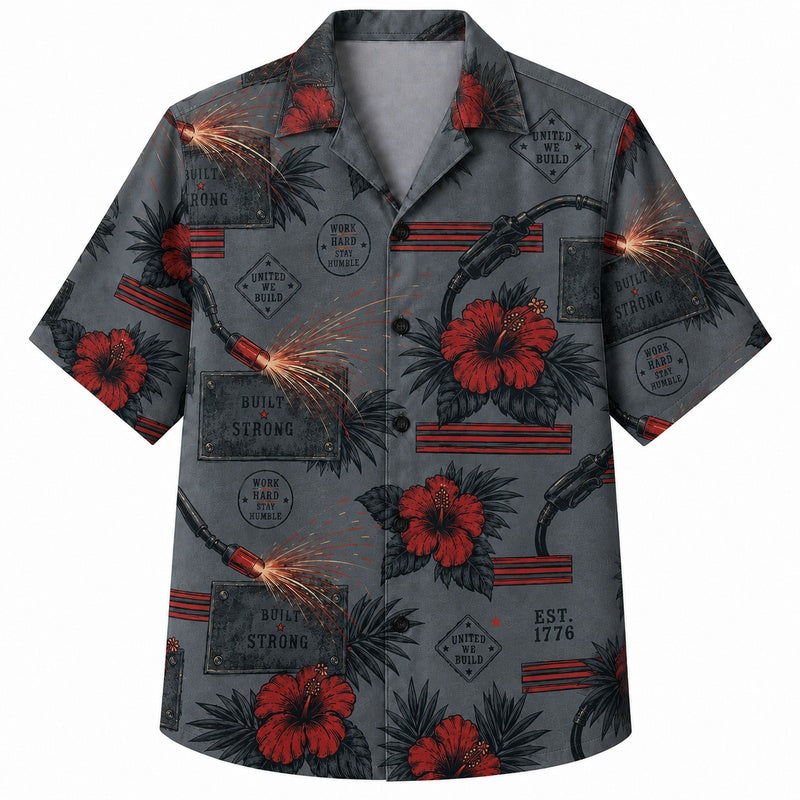 Labor Day Hawaiian Shirt- Red Hibiscus and Workshop Tools Print