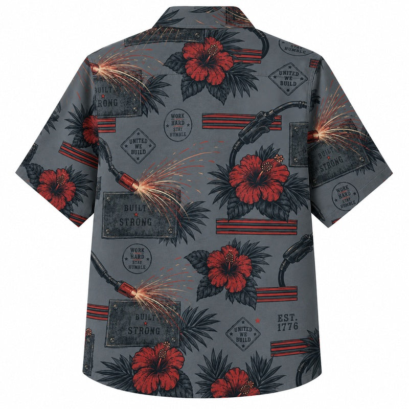 Labor Day Hawaiian Shirt- Red Hibiscus and Workshop Tools Print