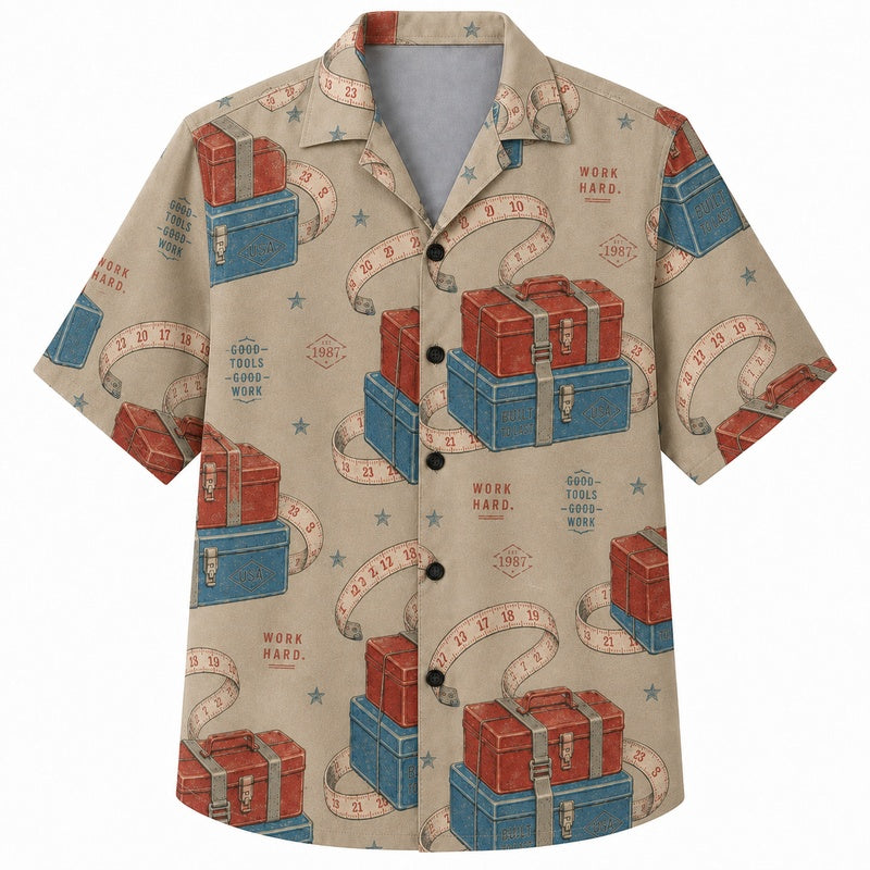 Labor Day Hawaiian Shirt- Red Toolbox and Chest Workwear Print