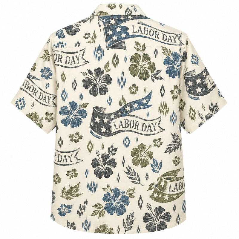Labor Day Hawaiian Shirt- Ribbon Banner and Hibiscus Print for the Holiday