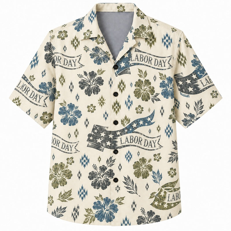 Labor Day Hawaiian Shirt- Ribbon Banner and Hibiscus Print for the Holiday