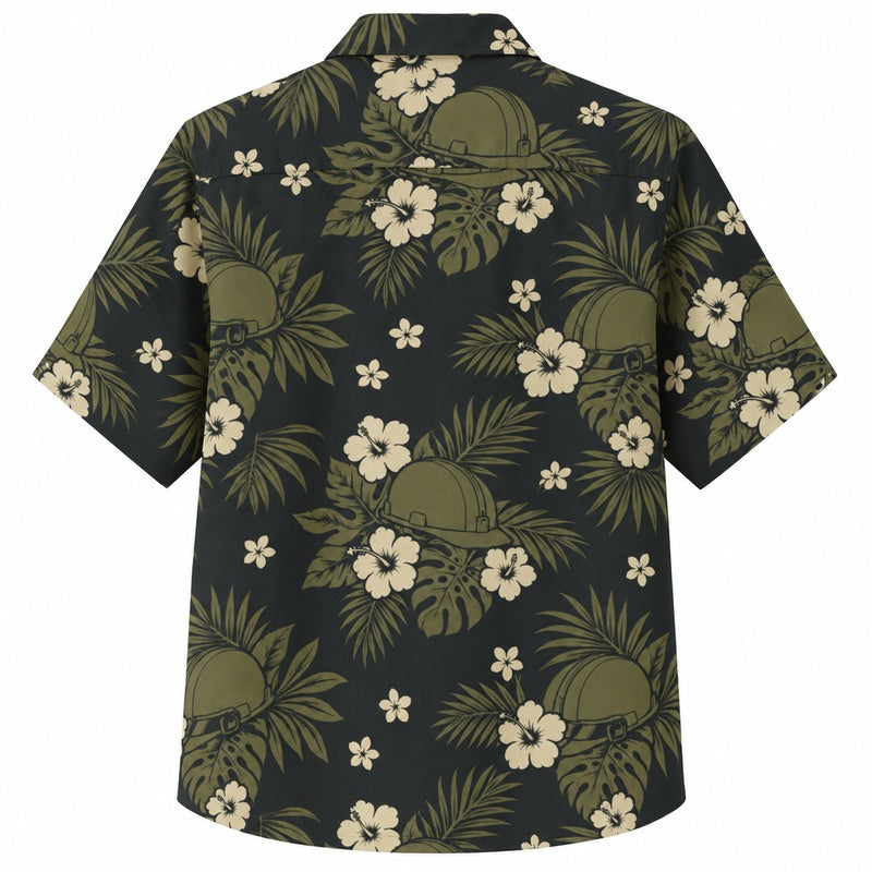 Labor Day Hawaiian Shirt- Safety Helmet and White Hibiscus for the Season