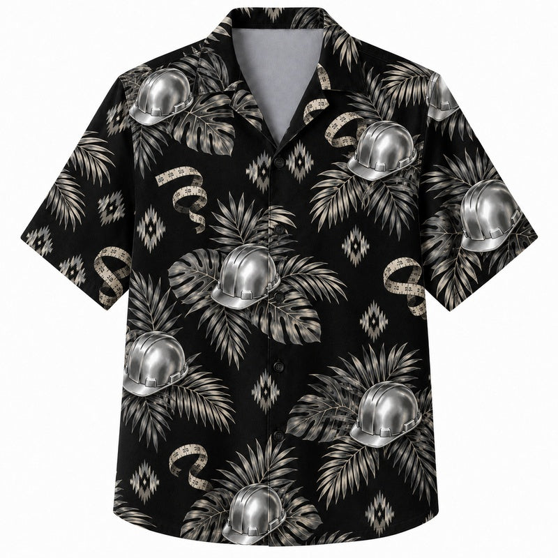 Labor Day Hawaiian Shirt - Silver Hard Hat & Palm Frond Print for Men