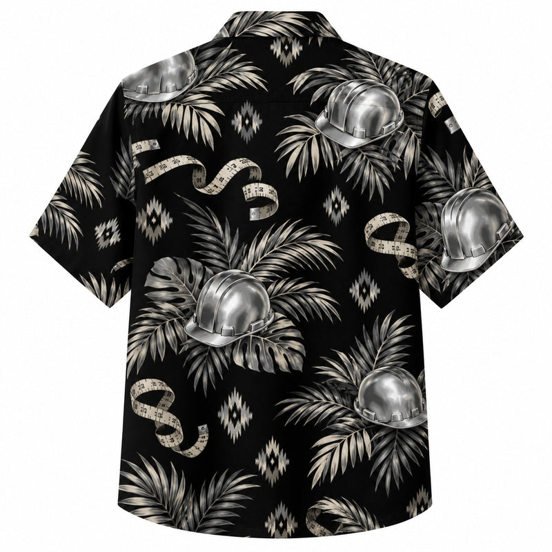 Labor Day Hawaiian Shirt - Silver Hard Hat & Palm Frond Print for Men