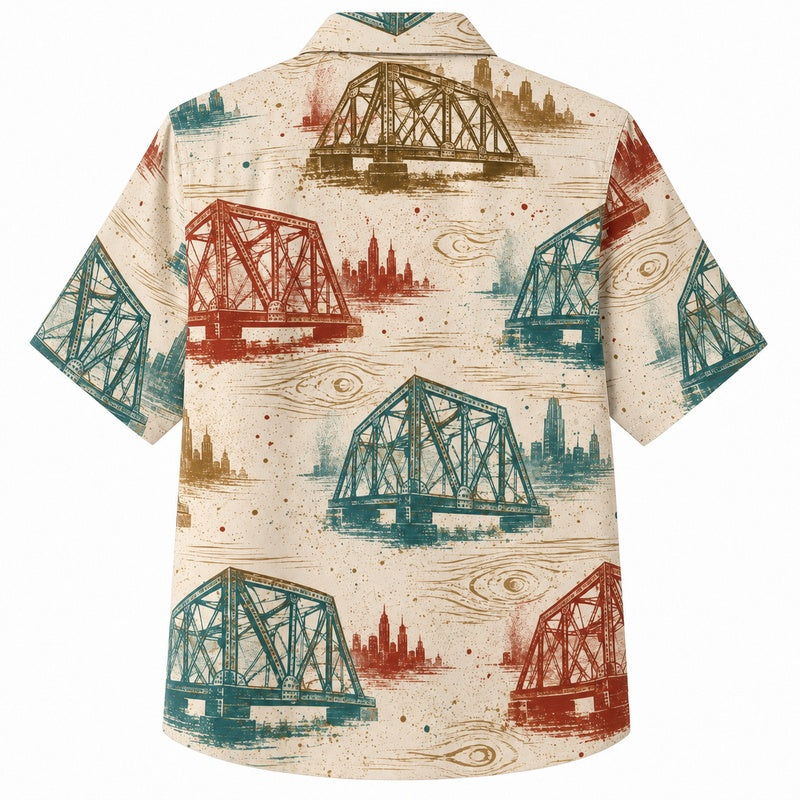 Labor Day Hawaiian Shirt- Steel Bridge and City Skyline Print